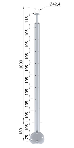 nerezový stĺp, bočné kotvenie rohové, 8 dierový na lanko, rohový:90°, vrch pevný (ø 42.4x2mm), brúsená nerez K320 /AISI304 - slide 0