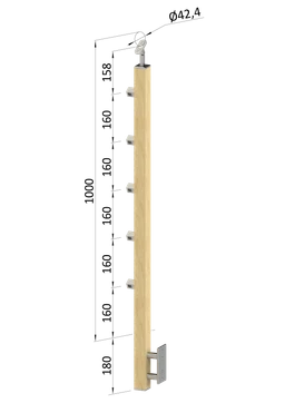 Dřevěný sloup, boční kotvení, 5 řadový, průchozí, vnější, vrch nastavitelný (40x40 mm), materiál: buk, broušený povrch s nátěrem BORI (bezbarvý)