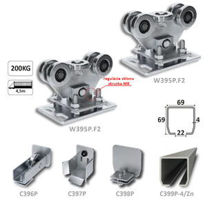 Samonosný systém 69x69x4 pro posuvné brány do 200 kg / 4,5 m otvor (C399P-4/Zn 1x6m pozinkovaný profil, W395P.F2 2ks, C396P 1ks, C397P 1ks, C398P 1ks) - slide 1