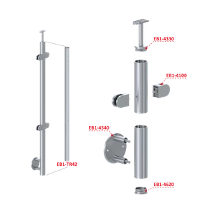 Nerezový sloup, boční kotvení, výplň: sklo, průchozí, vrch pevný (ø42,4x2 mm), broušená nerez K320 / AISI304 - slide 2