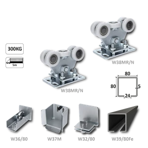 Samonosný systém 80x80x5 mm pro posuvné brány do 300 kg / 5 m průjezd (W39/80Fe 6 m černý profil, 2x W35MR/N, 1x W36/80, 1x W37M, 1x W32/80) - slide 1