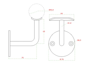 Držák madla na stěnu na trubku ø 42,4 mm, broušená nerez K320 / AISI316 - slide 1