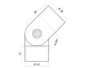 Spojovací oblouk s kloubem s mezikusem (ø 42 mm), nastavitelný, na dřevěné madlo EDB-S, broušená nerez K320 / AISI304 - slide 1