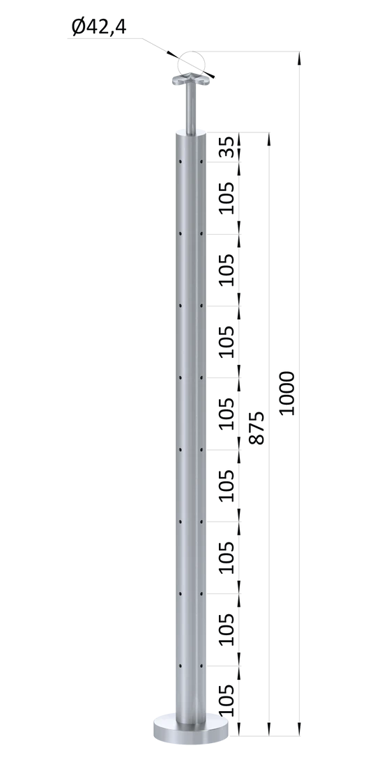 Nerezový sloup, vrchní kotvení, 8 děrový na lanko, rohový: 90°, vrch pevný (ø 42.4x2mm), broušená nerez K320 /AISI304