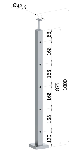 nerezový stĺp, vrchné kotvenie, 5 dierový priechodný, vrch pevný (40x40 mm), brúsená nerez K320 /AISI304