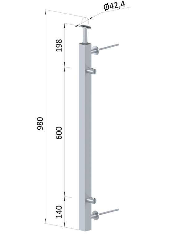 nerezový stĺp, bočné kotvenie, výplň: plech, pravý, vrch pevný, (40x40x2.0mm), brúsená nerez K320 /AISI304