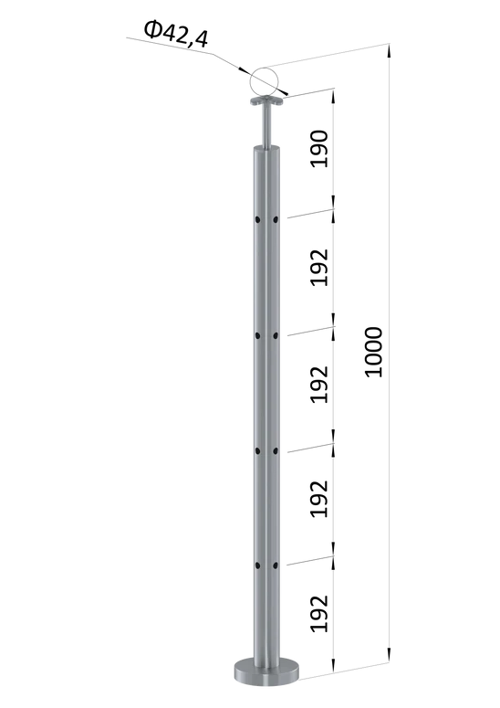 nerezový stĺp, vrchné kotvenie, 4 dierový rohový: 90, vrch pevný (ø 42.4x2mm), brúsená nerez K320 /AISI316