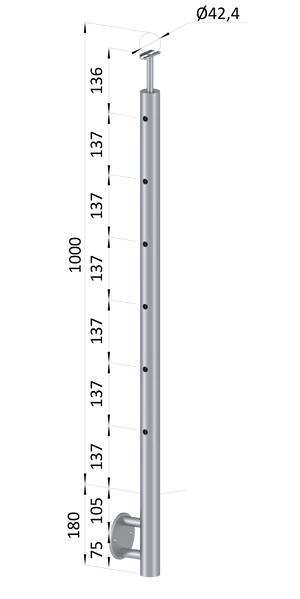 Nerezový sloup, boční kotvení, 6 děrový koncový, levý, vrch pevný (ø42,4x2 mm), broušená nerez K320 / AISI316 - slide 0