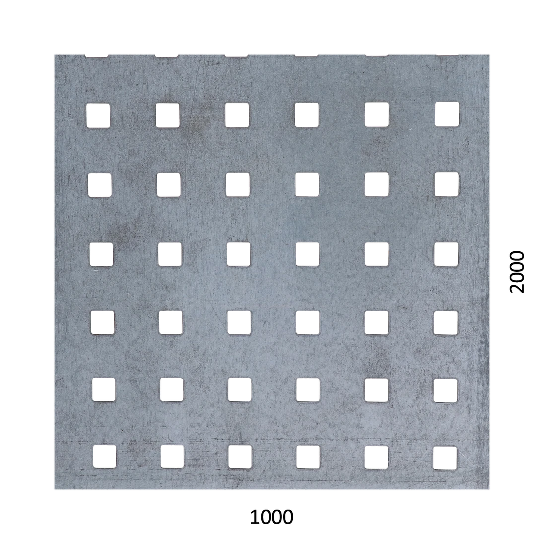 Děrovaný plech čtvercový řadový Zn, otvor: 10x10 mm, rozteč: 20 mm (1000x2000x1,5 mm)