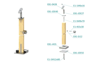 dřevěný sloup, vrchní kotvení, 4 řadový, průchozí, vrch nastavitelný (40x40mm), materiál: buk, broušený povrch bez nátěru - slide 1