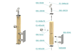 Dřevěný sloup, boční kotvení, 5 řadový, průchozí, vnější, vrch nastavitelný (40x40 mm), materiál: buk, broušený povrch s nátěrem BORI (bezbarvý) - slide 1