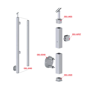 Nerezový sloup, boční kotvení, výplň: sklo, pravý, vrch nastavitelný, (40x40 mm), broušená nerez K320 / AISI304 - slide 2