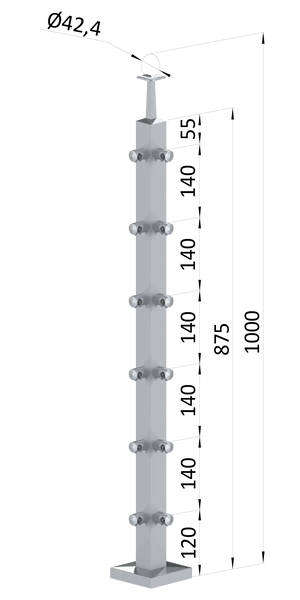 nerezový stĺp, vrchné kotvenie, 6 radový rohový, vrch pevný (40x40mm), brúsená nerez K320 /AISI304 - slide 0