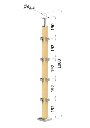 Dřevěný sloup, vrchní kotvení, 4 řadový, rohový: 90° vrch pevný (40x40 mm), materiál: buk, broušený povrch s nátěrem BORI (bezbarvý) - slide 0