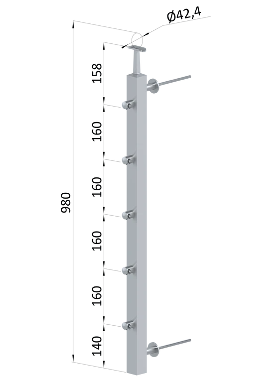 nerezový stĺp na francúzsky balkón, bočné kotvenie, 5 radový pravý, vrch pevný, (40x40x2.0mm), brúsená nerez K320 /AISI304