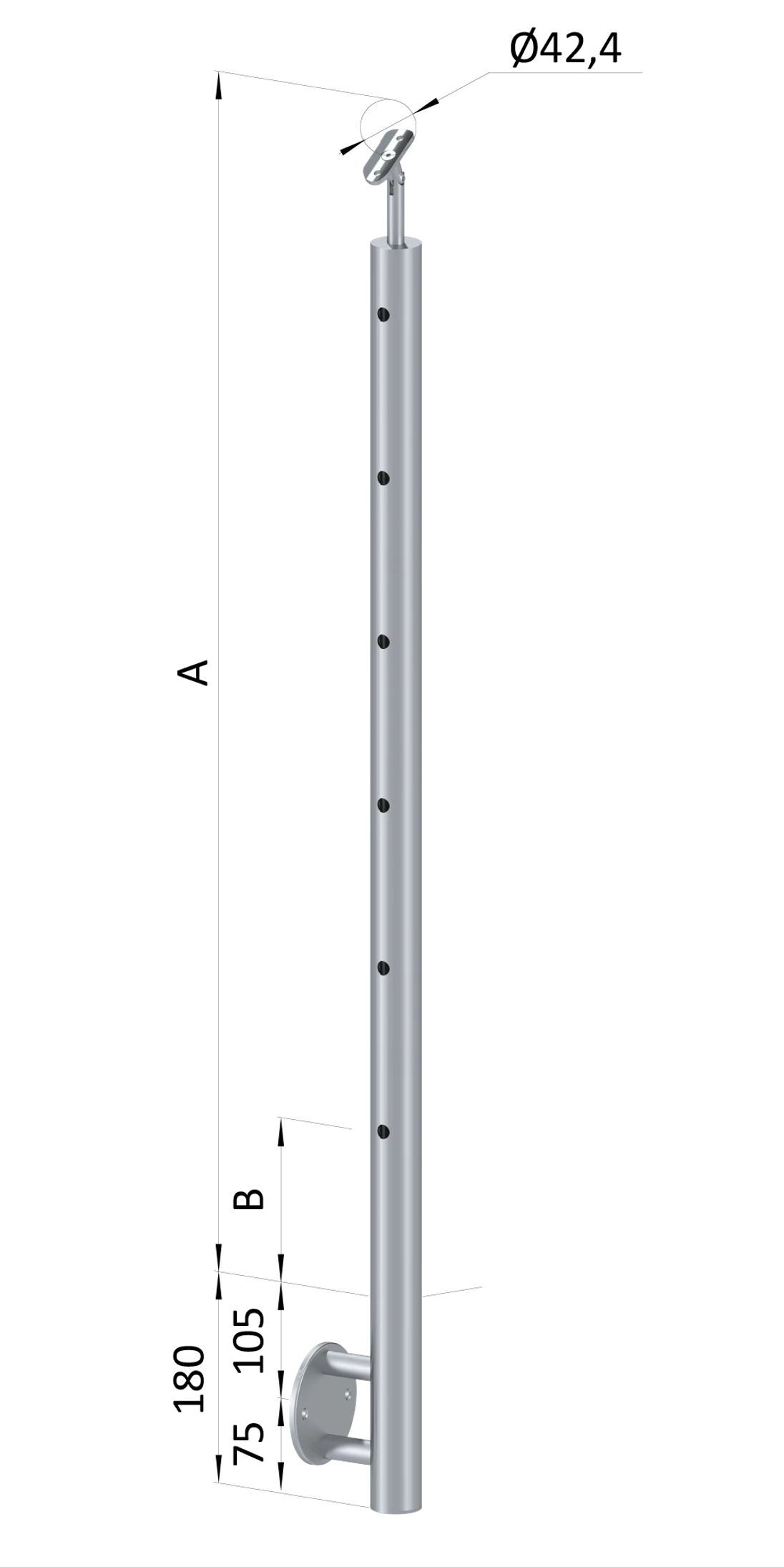 Nerezový sloup, boční kotvení, 6děrový koncový, levý