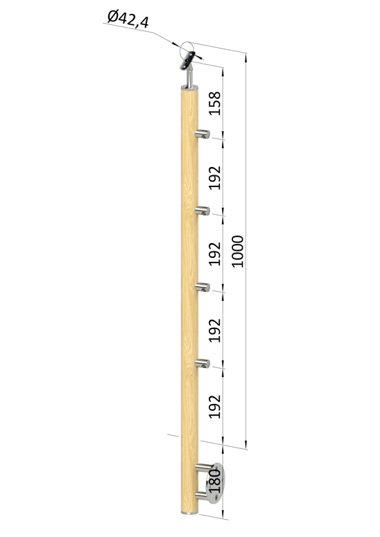 drevený stĺp, bočné kotvenie, 4 radový, priechodný, vnútorný, vrch nastaviteľný (ø 42mm), materiál: buk, brúsený povrch bez náteru