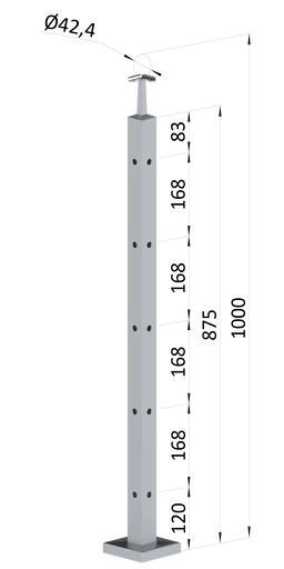 nerezový stĺp, vrchné kotvenie, 5 dierový rohový, vrch pevný (40x40mm), brúsená nerez K320 /AISI304