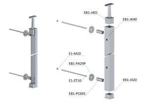 nerezový stĺp na francúzsky balkón, bočné kotvenie, 5 dierový, ľavý, vrch pevný, (40x40x2.0mm), brúsená nerez K320 /AISI304 - slide 3