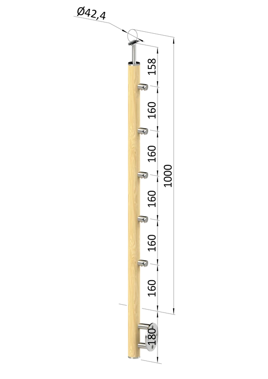 Dřevěný sloup, boční kotvení, 5 řadový, průchozí, vnitřní, vrch pevný (ø42 mm), materiál: buk, broušený povrch s nátěrem BORI (bezbarvý)