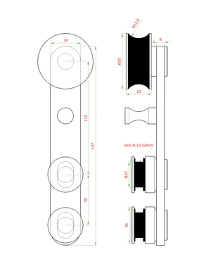 pojazdový vozík k vodiacemu profilu 25mm pre závesný systém, brúsená nerez K320 /AISI304 - slide 1