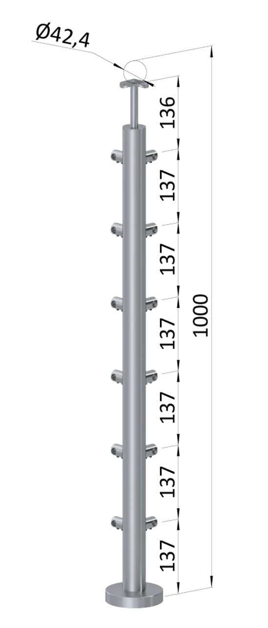 nerezový stĺp, vrchné kotvenie, 6 radový rohový: 90°, vrch pevný (ø 42.4x2mm), brúsená nerez K320 /AISI316