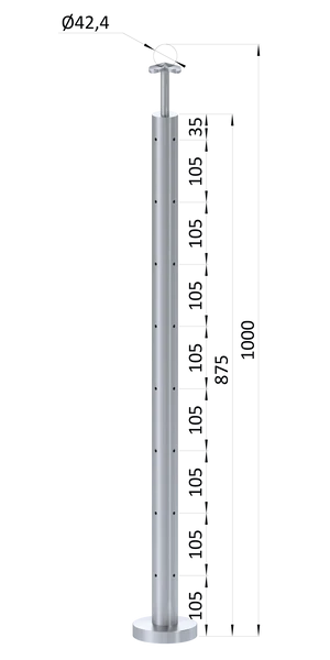 nerezový stĺp, vrchné kotvenie, 8 dierový na lanko, rohový: 90°, vrch pevný (ø 42.4x2mm), brúsená nerez K320 /AISI304 - slide 0