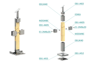 dřevěný sloup, vrchní kotvení, výplň: sklo, průchozí, vrch nastavitelný (40x40mm), materiál: buk, broušený povrch bez nátěru - slide 1