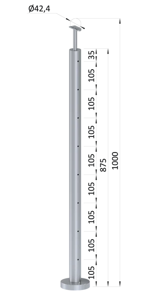 Nerezový sloup, vrchní kotvení, 8 děrový na lanko, průchozí, vrch pevný (ø 42.4x2mm), broušená nerez K320 /AISI304 - slide 0