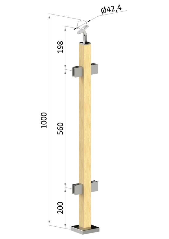 Dřevěný sloup, vrchní kotvení, výplň: sklo, průchozí, vrch nastavitelný (40x40 mm), materiál: buk, broušený povrch bez nátěru