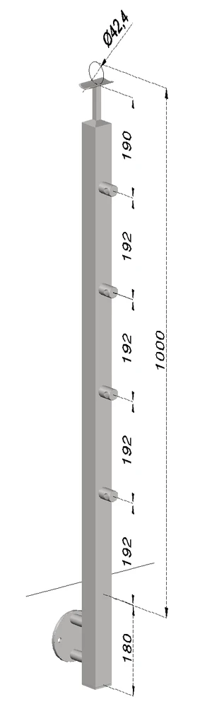 nerezový stĺp, bočné kotvenie, 4 radový priechodný, vonkajší, vrch pevný (40x40mm), brúsená nerez K320 /AISI304 - slide 0