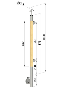 Dřevěný sloup, boční kotvení, výplň: sklo, pravý, vrch nastavitelný (ø42 mm), materiál: buk, broušený povrch s nátěrem BORI (bezbarvý)