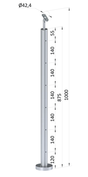 nerezový stĺp, vrchné kotvenie, 6 dierový na lanko, priechodný, vrch nastaviteľný (ø 42.4x2mm) brúsená nerez K320 /AISI304 - slide 0