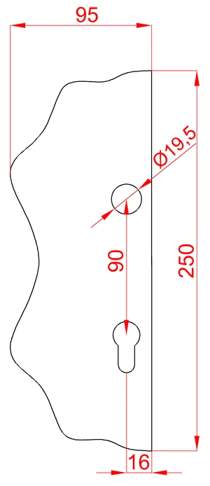 Štít 250x95x3mm s otvory, rozteč 90mm, otvor pro kliku ø 19,5mm, hladký, pro zámek ZM90/80 - slide 1