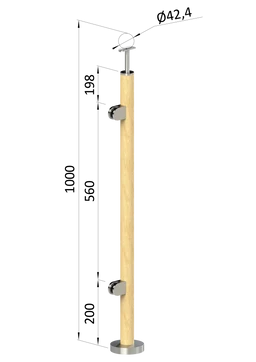 Dřevěný sloup, vrchní kotvení, výplň: sklo, levý, vrch pevný (ø 42mm), materiál: buk, broušený povrch bez nátěru