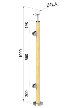 drevený stĺp, vrchné kotvenie, výplň: sklo, ľavý, vrch pevný (ø 42mm), materiál: buk, brúsený povrch bez náteru