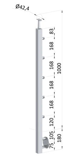 nerezový stĺp, bočné kotvenie, 5 radový priechodný, vnútorný, vrch pevný(40x40mm), brúsená nerez K320 /AISI304