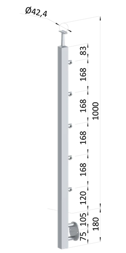 Nerezový sloup, boční kotvení, 5 řadový průchozí, vnitřní, vrch pevný (40x40 mm), broušená nerez K320 / AISI304