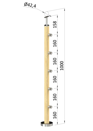 drevený stĺp, vrchné kotvenie, 5 radový, priechodný, vrch pevný (ø 42mm), materiál: buk, brúsený povrch s náterom BORI (bezfarebný) - slide 0