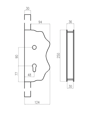 Kazetová zostava pre bránku 250x125x30mm, otvor pre kľučku ø 20mm, na profil 30x30mm, zdobená, pre zámok ZM90/80 - slide 1
