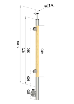 Dřevěný sloup, boční kotvení, výplň: sklo, levý, vrch pevný (ø 42mm), materiál: buk, broušený povrch bez nátěru