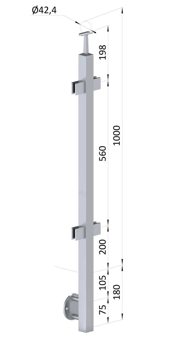 nerezový stĺp, bočné kotvenie, výplň: sklo, priechodný, vrch pevný (40x40mm), brúsená nerez K320 /AISI304