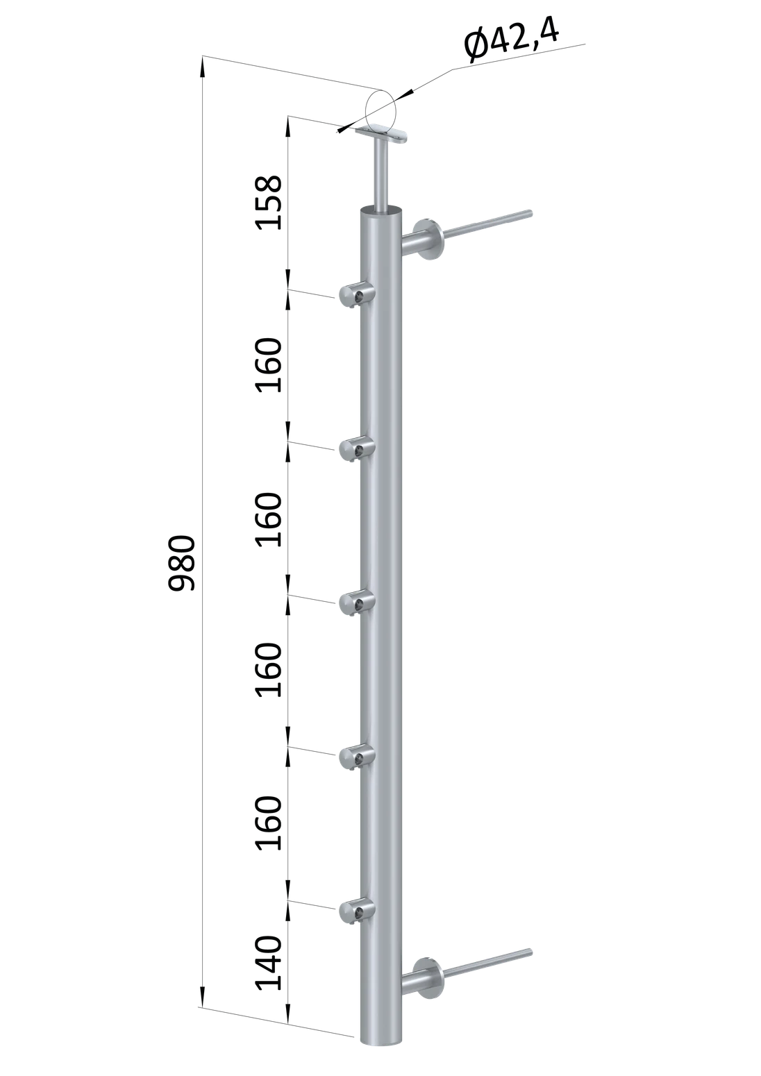 Nerezový sloup, fr. balkón, boční kotvení, 5řadový pravý