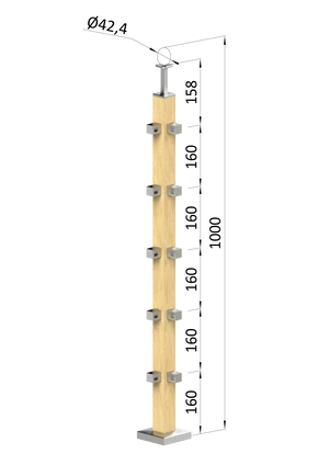 drevený stĺp, vrchné kotvenie, 5 radový, rohový: 90°, vrch pevný (40x40mm), materiál: buk, brúsený povrch s náterom BORI (bezfarebný) - slide 0