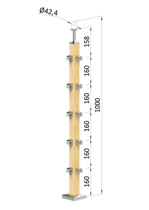 Dřevěný sloup, vrchní kotvení, 5 řadový, rohový: 90°, vrch pevný (40x40 mm), materiál: buk, broušený povrch s nátěrem BORI (bezbarvý) - slide 0