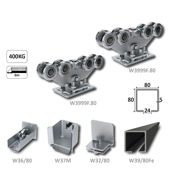 samonosný systém 80x80x5mm posuvnej brány do 400kg/6m otvor (W39/80Fe 6m čierný profil, 1x W-SET809F)