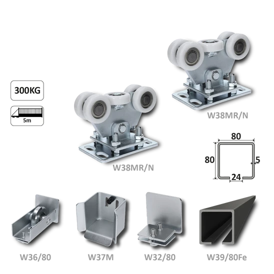 samonosný systém 80x80x5mm posuvnej brány do 300kg/5m otvor (W39/80Fe 6m čierny profil, 2x W35MR/N, 1x W36/80, 1x W37M, 1x W32/80)