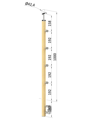 Dřevěný sloup, boční kotvení, 4 řadový, průchozí, vnitřní, vrch pevný (ø42 mm), materiál: buk, broušený povrch bez nátěru - slide 0