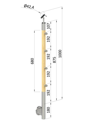 Dřevěný sloup, boční kotvení, 4 řadový, průchozí, vnější, vrch nastavitelný (ø42 mm), materiál: buk, broušený povrch s nátěrem BORI (bezbarvý) - slide 0