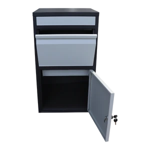 Box na balíky (410x385x720mm) s prepadovou lištou na ochranu balíkov, hrúbka 0.8mm), max. veľkosť balíka: 320x300x180mm, farba: Čierne telo + biely vhod - slide 1